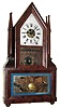 Birge and Fuller, Bristol, Conn., "Four Posted candlestick Steeple" mantel clock, 8 day, time and strike, wagon spring movement in mahogany veneer case with reverse painted lower table and painted metal dial, c1845