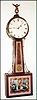 Willard school "Banjo" wall clock possibly by Elnathan Taber, Roxbury, Mass., 8 day, time only, weight driven movement with T-bridge suspension and fillister screws in inlaid cross banded mahogany case, reverse painted throat and lower tablets and painted iron dial, c1810