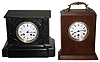 Clocks- 2 (Two) French 8 day mantel clocks: black slate time and strike; mahogany time-only, c1910