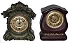 Clocks- 2 (Two) Waterbury Clock Co., Waterbury, Conn., "Pandora" and "Posy" enameled iron time and strike novelty miniature mantel clocks, c1895
