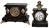Clocks- 2 (Two) black enameled iron 8 day, time and strike mantel clocks, Ansonia and Kroeber "Benicia", c1895