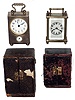 Clocks- 2 (Two) Waterbury Clock Co. miniature 30 hour gold plated carriage clocks in leather travel cases, c1909