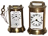 Clocks- 2 (Two) Waterbury Clock Co. round gold plated brass and glass 30 hour carriage clocks: "Wayfarer" repeater; "Skip" time and alarm, c1909