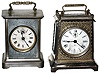 Clocks- 2 (Two) Waterbury Clock Co. nickel 30 hour time, strike and alarm carriage clocks: "Keystone" and "Guide", c1891