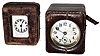 Clocks- 2 (Two) Waterbury Clock Co. 30 hour travel clocks in original leather cases: "Midge" brass carriage and "Beetle" nickel novelty, c1913