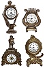 Clocks- 4 (Four) Waterbury Clock Co. 30 hour gold plated cast metal rear wind novelty time pieces: "Carom", "Palm", "Lyre", and an eagle, c1906