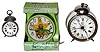 Clocks- 3 (Three) Waterbury and Timex 30 hour alarm clocks: "Drone" nickel c1910, "Kremlin" nickel calendar c1891, and modern Kermit in display box.