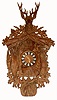 German, large Black Forest carved cuckoo clock, hunter motif with cross rifles and deer head at top, and with life size pheasant and rabbit to the sides, 1-day time and strike, 2-wt, c1910.