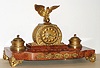 French, for "Wiener Uhrenindustrie, GMBH" marble and bronze, clock, pen and ink desk set, surmounted by a spread wing eagle, c1900.