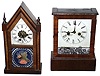 Clocks- 2 (Two) E.N. Welch, Forestville, Conn. small 30 hour mahogany shelf clocks: time and alarm steeple; time and strike cottage; c1869