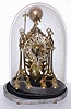 English single fusee skeleton clock, passing strike, with oval glass dome, George Washington decorated pendulum and marble base, c1870