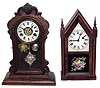 Clocks- 2 (Two) Connecticut small 30 hour mahogany shelf clocks, Jerome and Co (New Haven) parlor and Ansonia steeple, C.1870