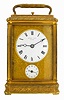 Henry Capt, Geneve, French carriage clock, in a gilt brass engraved Gorge case, spring powered eight day time, strike and alarm movement, with silvered lever platform escapement, striking the hours and half hours on a gong, repeating at will, engraved gilt brass dial mat, white enamel dials, Roman numeral time signed Henry Capt, Geneve, and Arabic alarm, blued steel hands, with leather covered travelling case, c1880