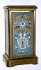French, brass cased mantle regulator, with gorge style corners, and with 4 brightly colored enamel plaques, probably for the mid-eastern market, c1900