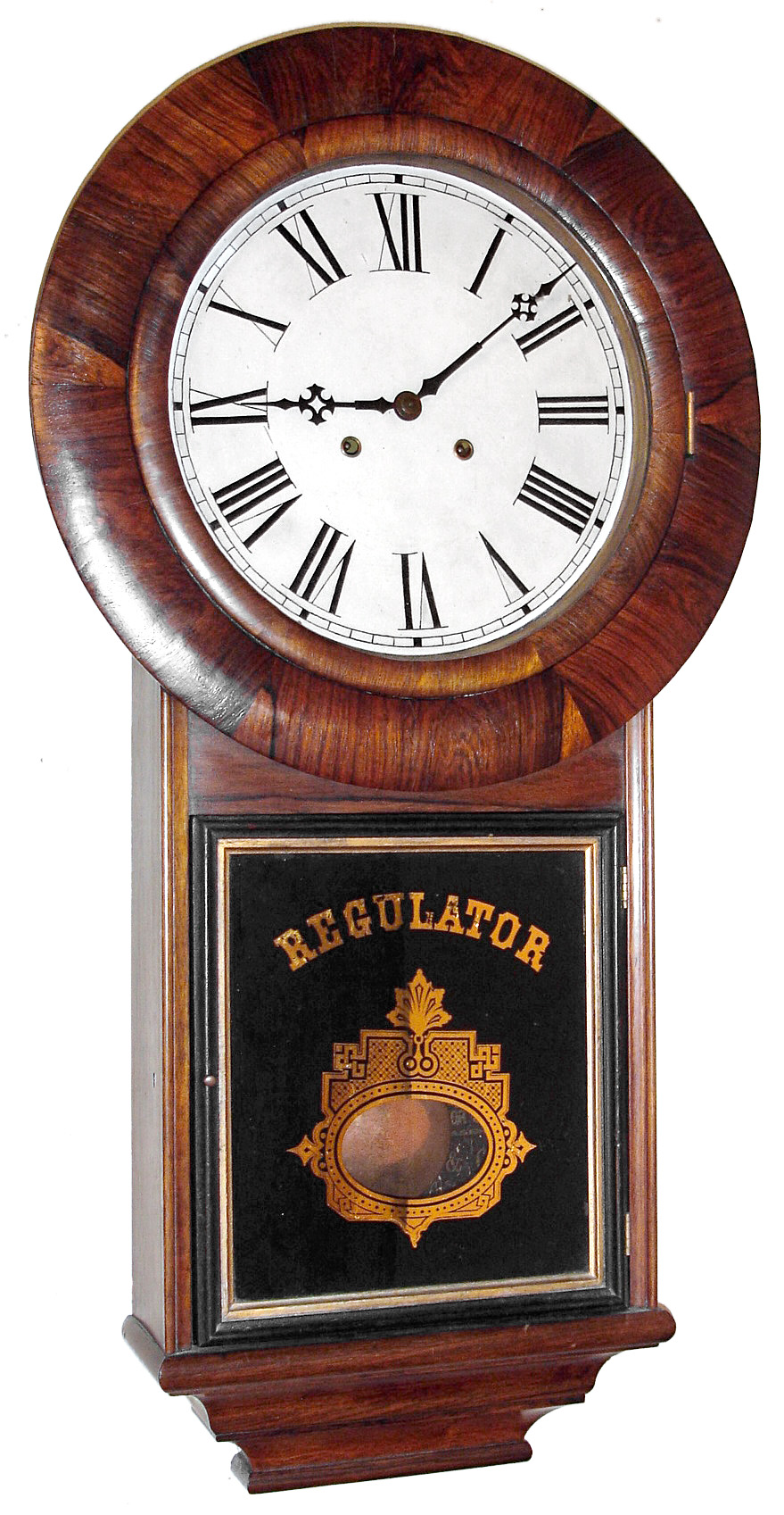 Welch, Spring and Co., Forestville, Conn., conversion, 8 day, time only, two weight driven movement in a rosewood case with reverse painted lower tablet, c1880 — Antique Clocks Price Guide