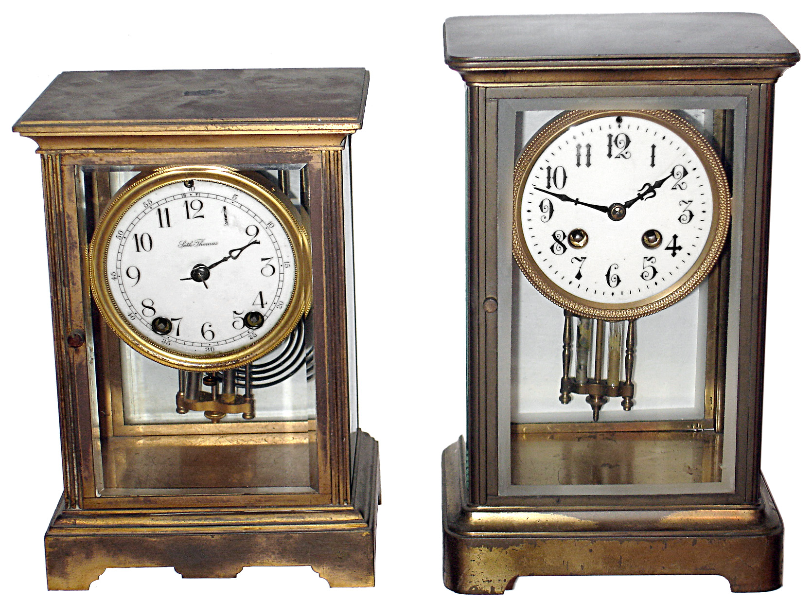 Clocks- 2 (Two) brass and glass, 8 day, time and strike, crystal regulators: French Japy Freres with mercury pendulum; Seth Thomas Clock Co., Thomaston, Conn., "Orchid No. 2" with simulated mercury pendulum; c1900 — Antique Clocks Price Guide