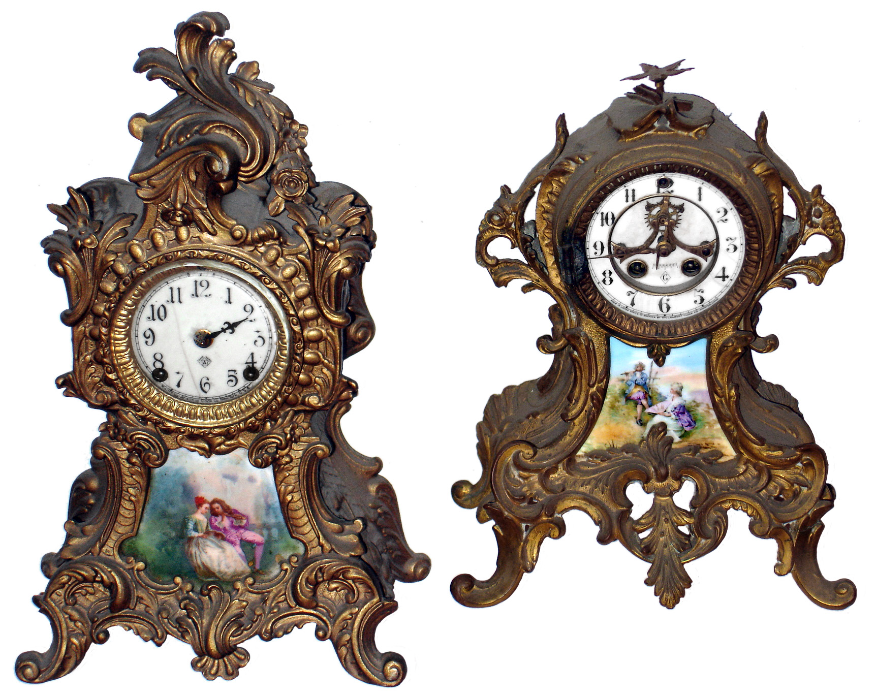 Clocks- 2 (Two) American, 8 day, time and strike, cast metal mantel clocks with porcelain panels: Gilbert "Nugget" with outside escapement; Ansonia "Amphion"; c1913 and 1904 — Antique Clocks Price Guide