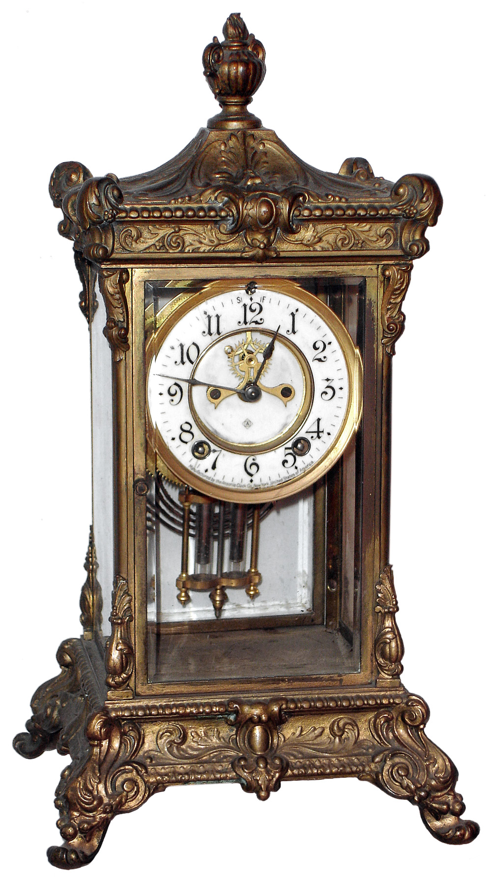 Ansonia Clock, Co., New York, "Elysian" cast metal and glass, 8 day, time and strike, crystal regulator, c1914 — Antique Clocks Price Guide