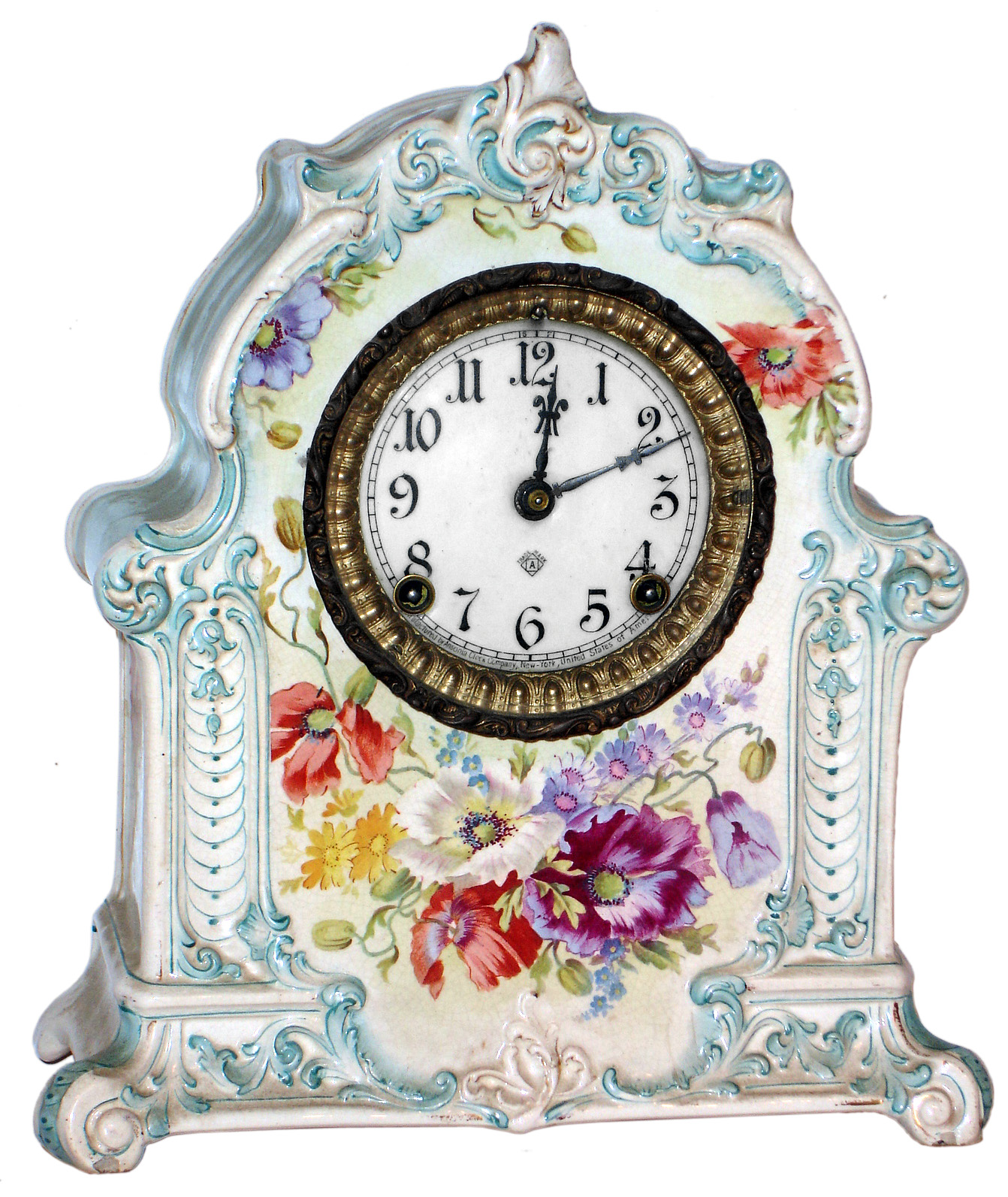 Ansonia Clock Co., New York, NY, "La Moselle" Royal Bonn porcelain, 8 day, time and strike, mantel clock, c1914 — Antique Clocks Price Guide