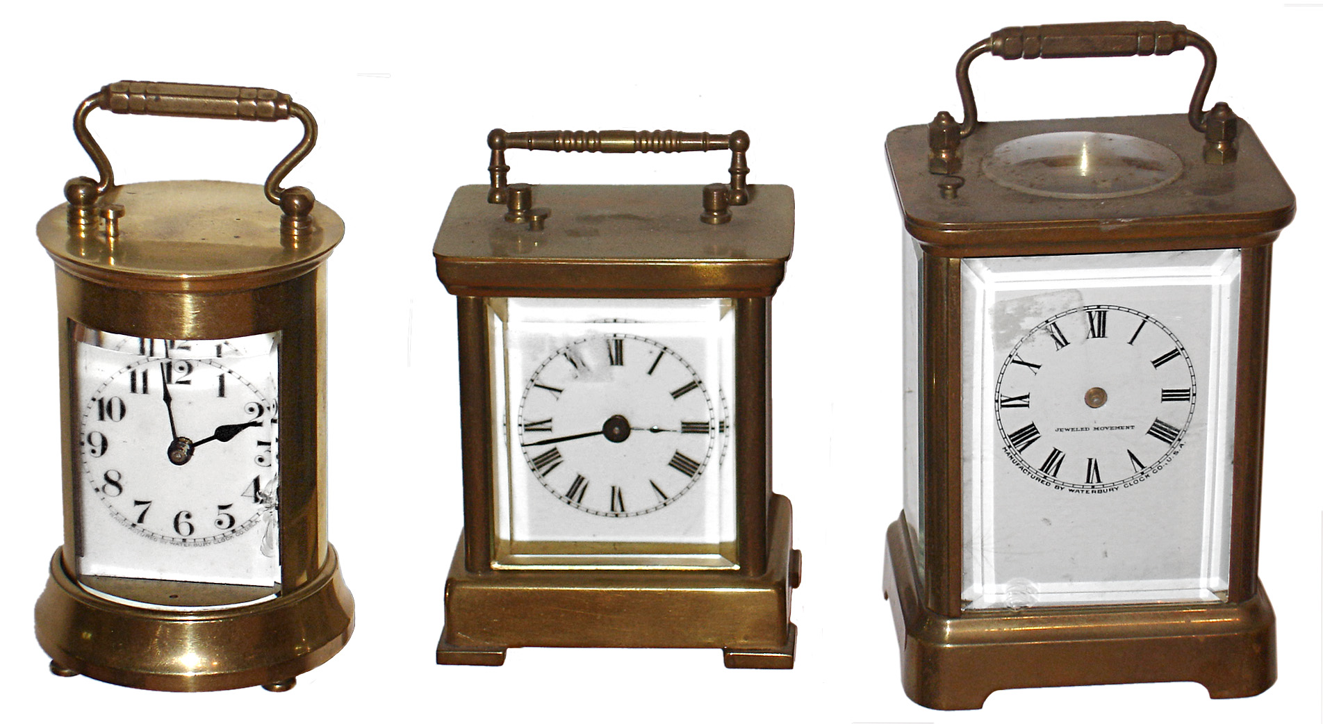 Clocks- 3 (Three) Waterbury Clock Co. gold-plated brass repeating carriage clocks: "Sage" 8 day; "Wayfarer" round 30-hour; and "Wanderer" 30 hour; c1909 — Antique Clocks Price Guide