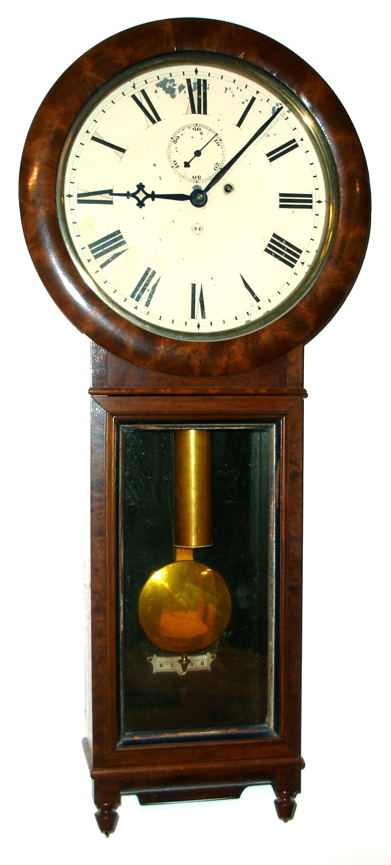 Seth Thomas Clock Co., Thomaston, Conn., "Regulator No. 1" wall clock, 8 day, time only, weight driven movement in a walnut and walnut veneer case with gold leafed molding round lower glass and painted metal dial, dated 1884 — Antique Clocks Price Guide