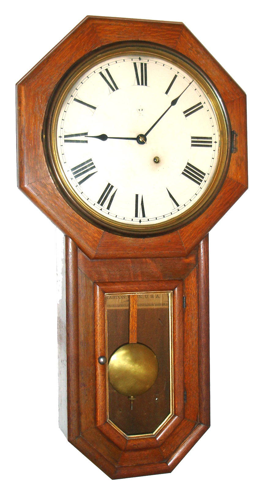 Seth Thomas Clock Co., Thomaston, Conn., "Globe" wall clock, 8 day, time only, spring driven movement in an oak case with painted metal dial, c1896 — Antique Clocks Price Guide