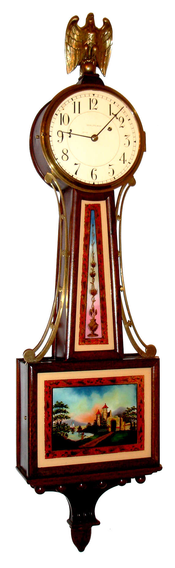Waltham Clock Co., Waltham, Mass., "Presentation Banjo" wall clock, 8 day, time only, weight driven movement in a mahogany case with reverse painted throat and lower tablets and painted metal dial, c1920 — Antique Clocks Price Guide