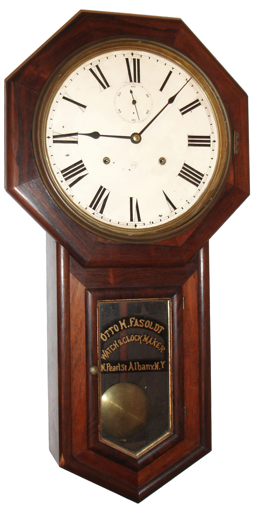 Seth Thomas Clock Co., Thomaston, Conn., "World" wall clock, 15 day, time only, spring driven movement in a rosewood veneer case with painted metal dial and lower tablet with aftermarket gold leaf advertising for "OTTO H. FASOLDT WATCH AND CLOCKMAKER N. Pearl St. Albany, N.Y.", c1880 — Antique Clocks Price Guide