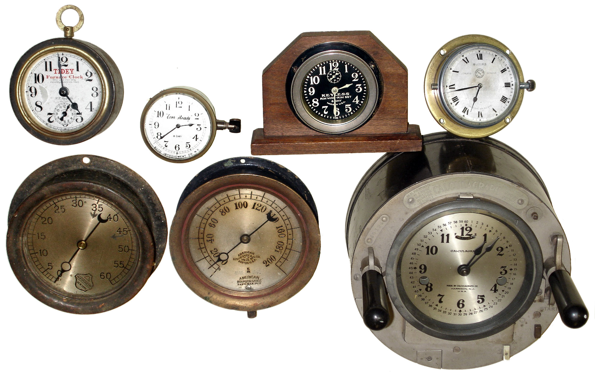 Clocks and gauges- 7 (Seven): Calculagraph; 2 pressure indicators; Tidey furnace clock; and 3 auto clocks, early 20th century — Antique Clocks Price Guide