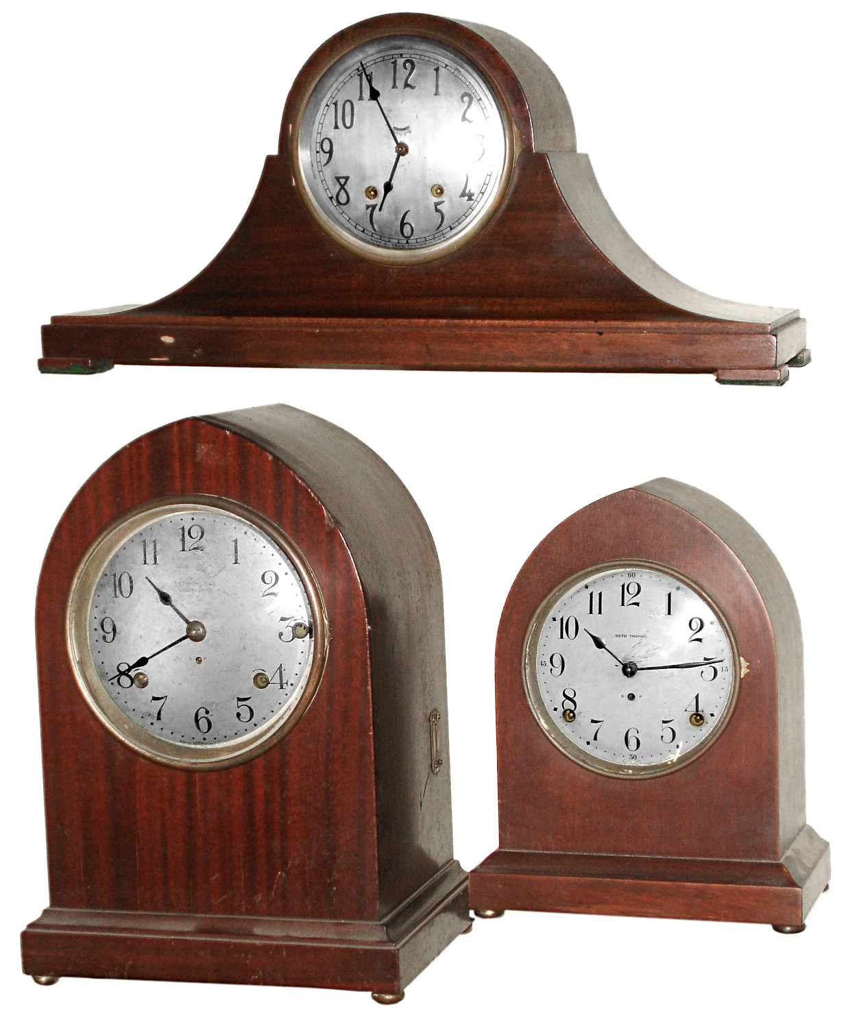Clocks- 3 (Three) Seth Thomas, 8 day, striking mahogany mantel clocks: Sonora (missing chime unit); tambour ship's bells; beehive; early 20th century — Antique Clocks Price Guide