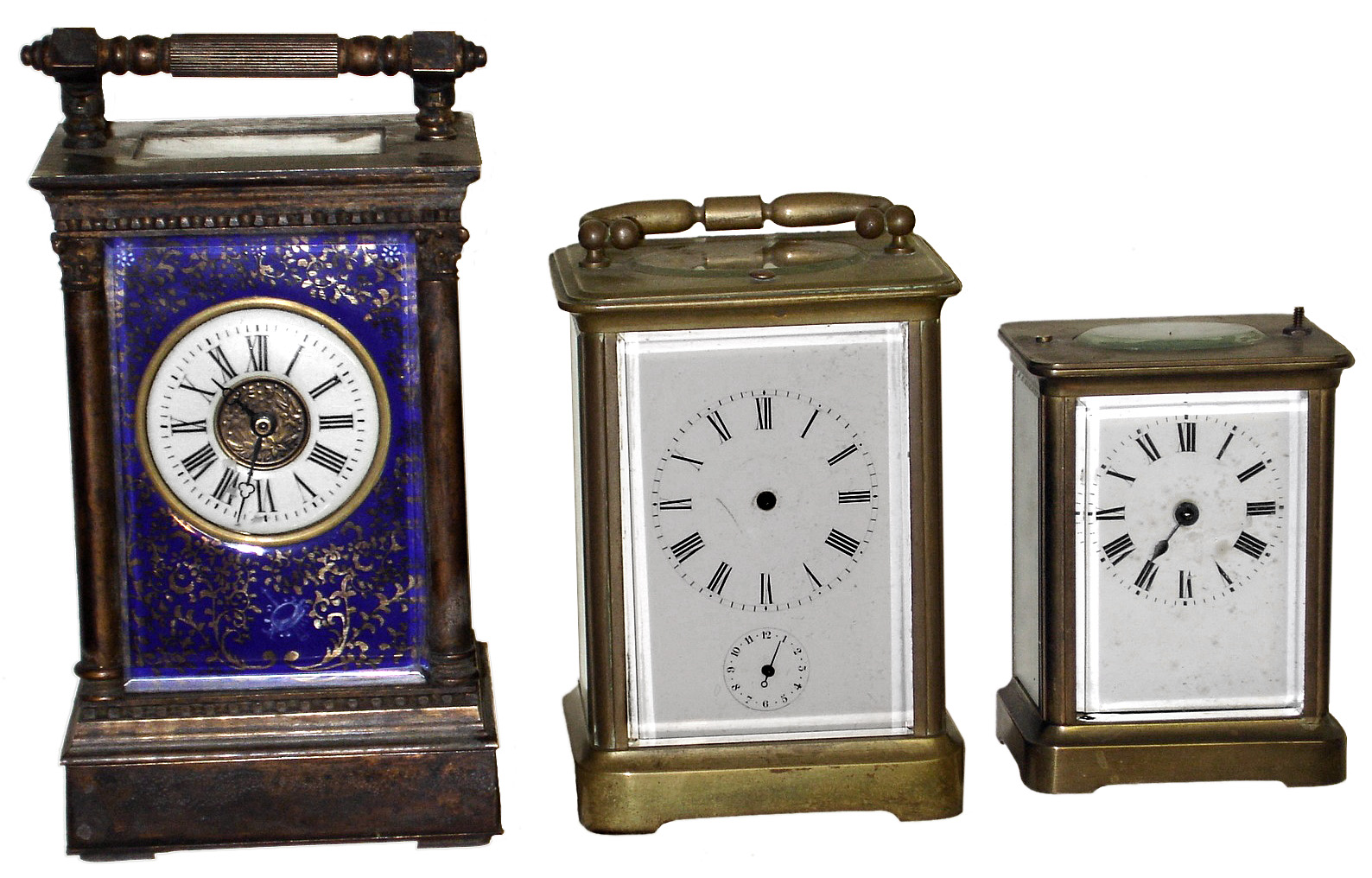 Clocks- 3 (Three) Carriage clock, 8 day. brass and glass timepieces: large Chinese with porcelain panels; French with alarm; small French; 20th century — Antique Clocks Price Guide