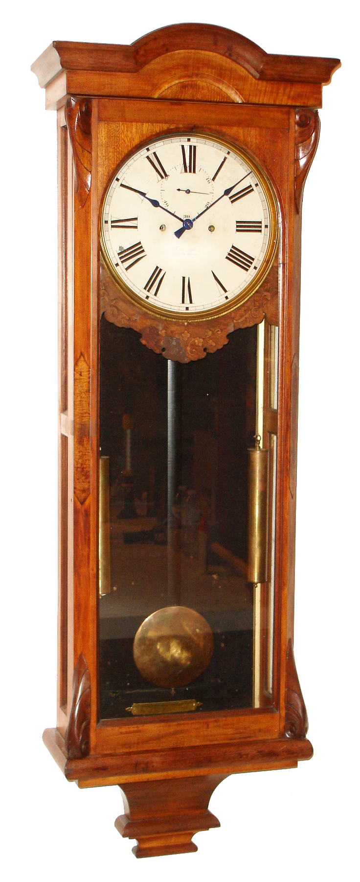 An uncommon, large 2-weight Anglo-American wall  "Regulator", 8 day, time only, two weight driven Welch movement in mahogany and fruitwood case with black flocking on backboard bordered by gold leaf trim and painted metal dial, c1875 — Antique Clocks Price Guide