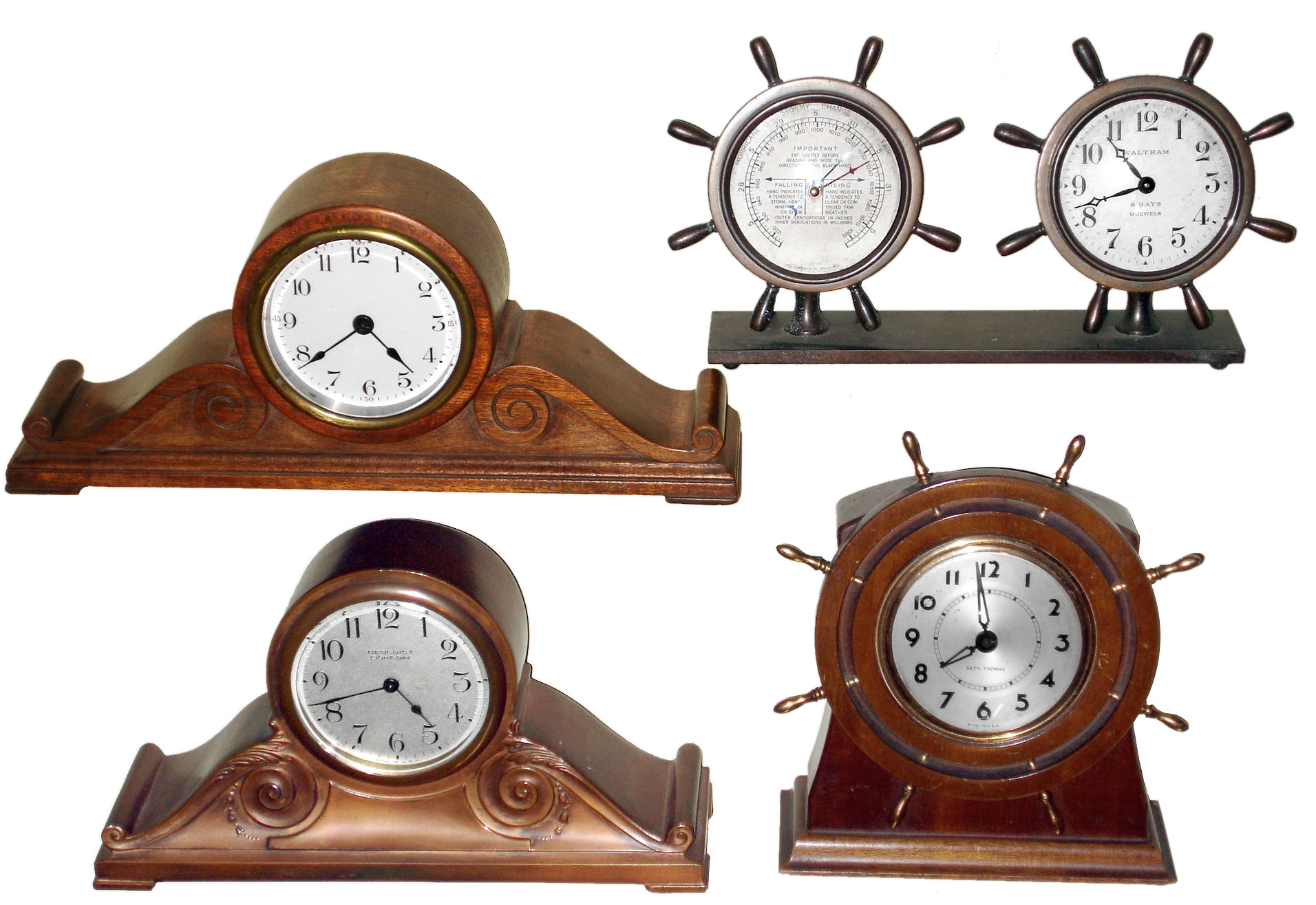 Clocks- 4 (Four) 8 day American desk timepieces: Benedict bronze tambour; Seth Thomas mahogany nautical and tambour; and Waltham bronze nautical with barometer; 20th century — Antique Clocks Price Guide