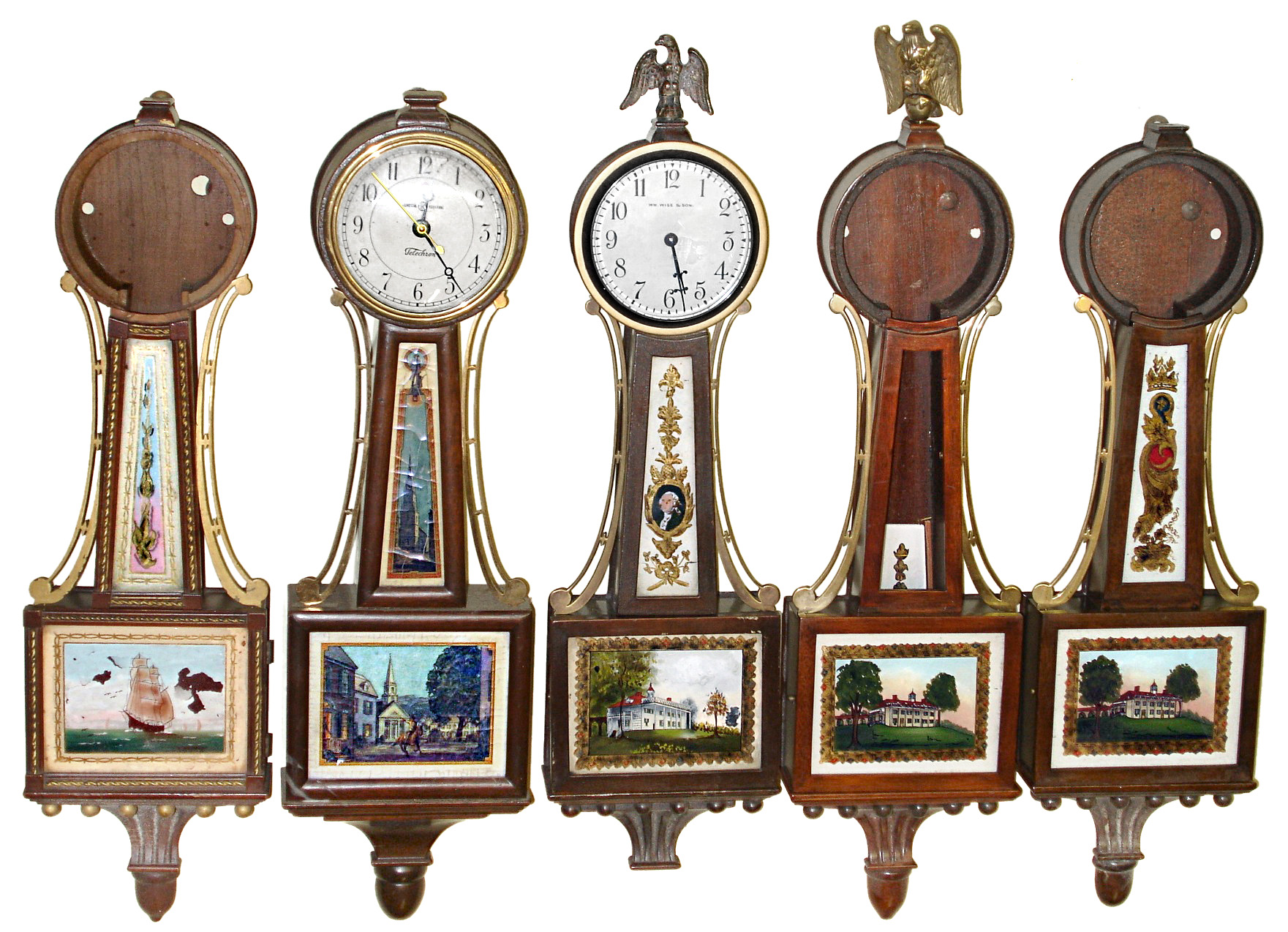 Clocks- 5 (Five) miniature banjos in mahogany cases: 1 Waltham sold by Wise; 1 Telechron electric; 3 Waltham cases only; 20th century — Antique Clocks Price Guide