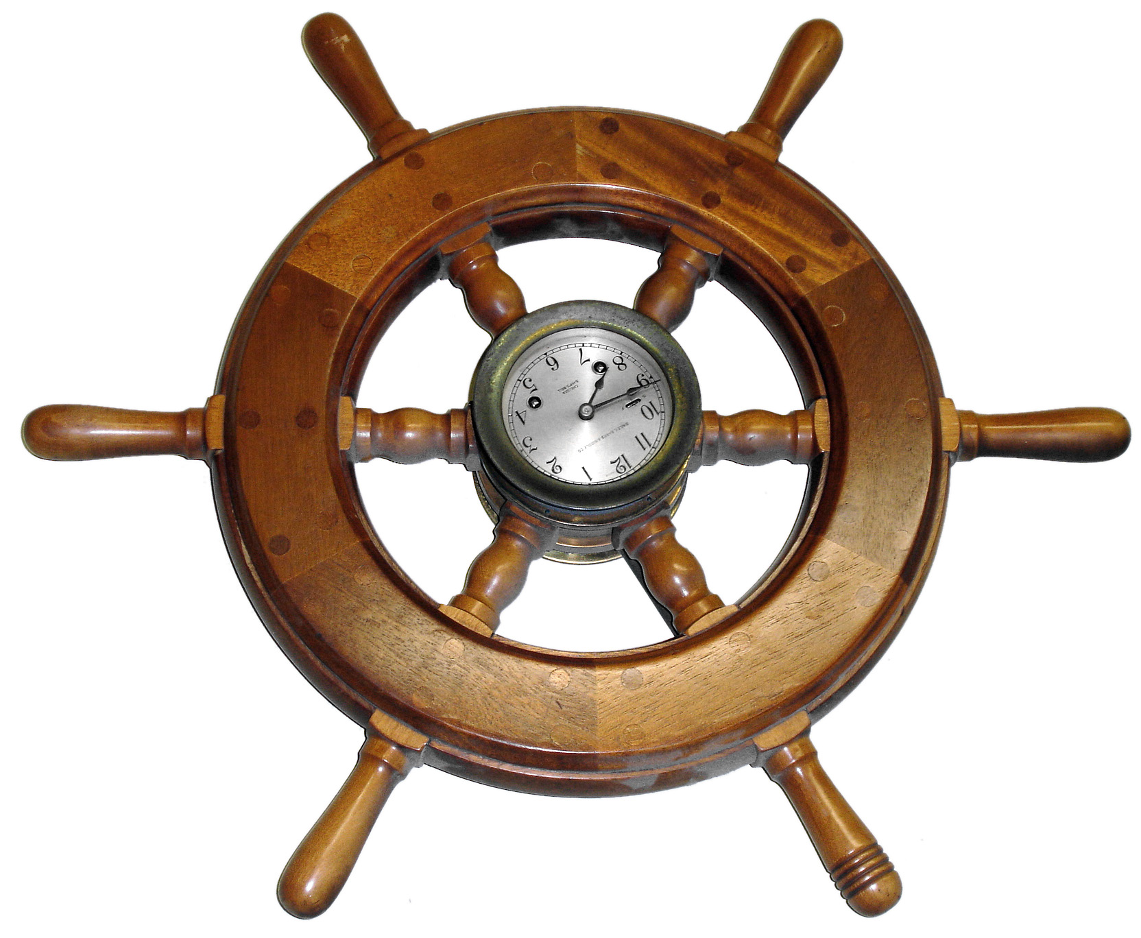 Chelsea Clock Co., Boston, Mass., "Helm's Mate" brass 8 day ship's bells 3.5" dial marine clock sold by Bailey, Banks and Biddle Co., mounted in a mahogany ship's wheel, c1952 — Antique Clocks Price Guide