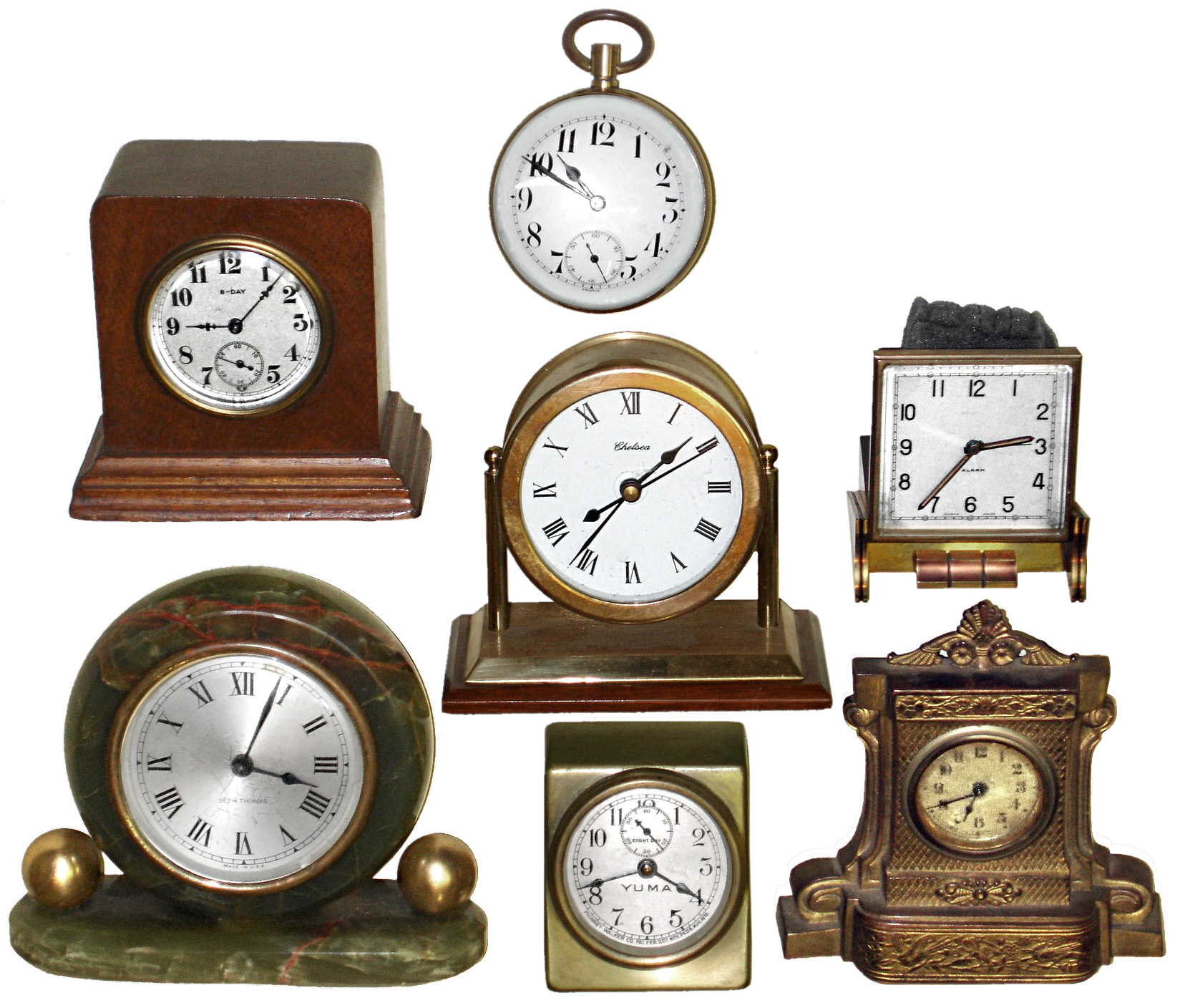 Clocks- 7 (Seven) desk clocks: Chelsea quartz; Phinney Walker YUMA; Tiffany Swiss with music box alarm in base; cast-brass novelty; mahogany American 8 day; Seth Thomas green marble Deco; and Swiss glass ball paperweight; 20th century — Antique Clocks Price Guide