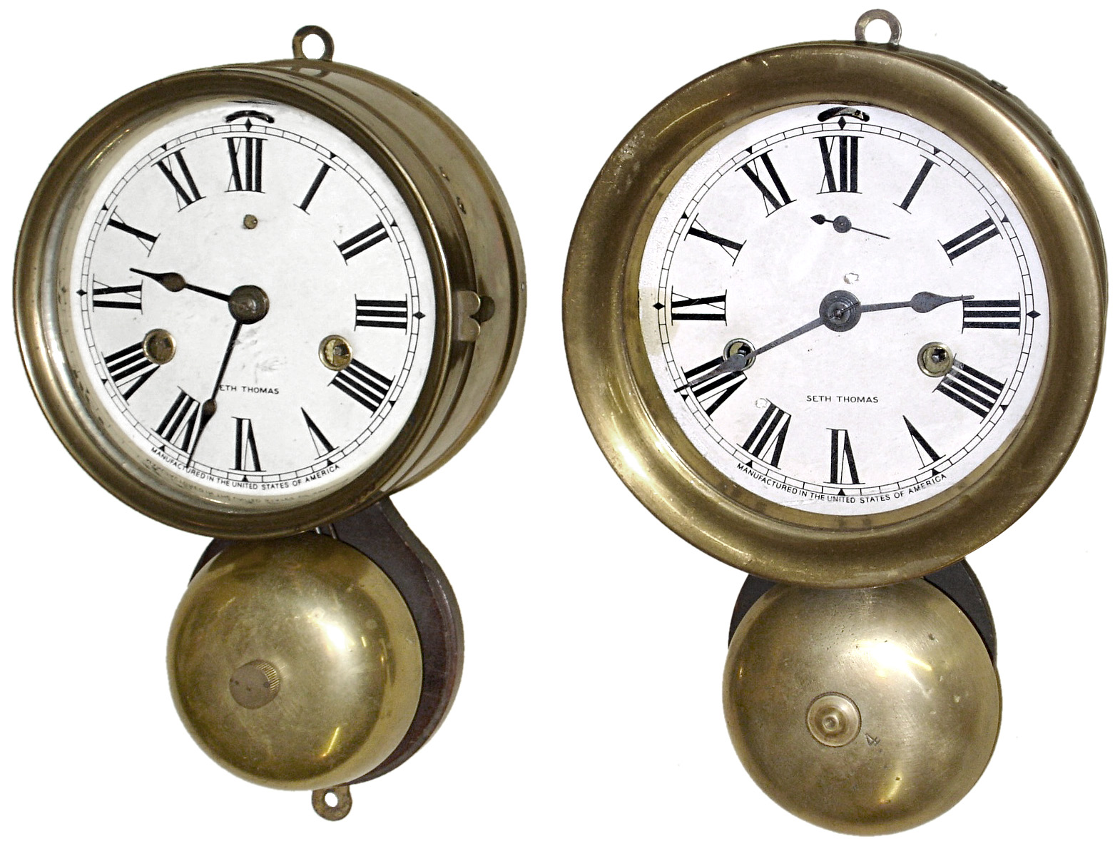 Clocks- 2 (Two) Seth Thomas brass 30 hour outside bell marine wall clocks, pressed metal bezel one c. 1890, cast bezel one c. 1925 — Antique Clocks Price Guide