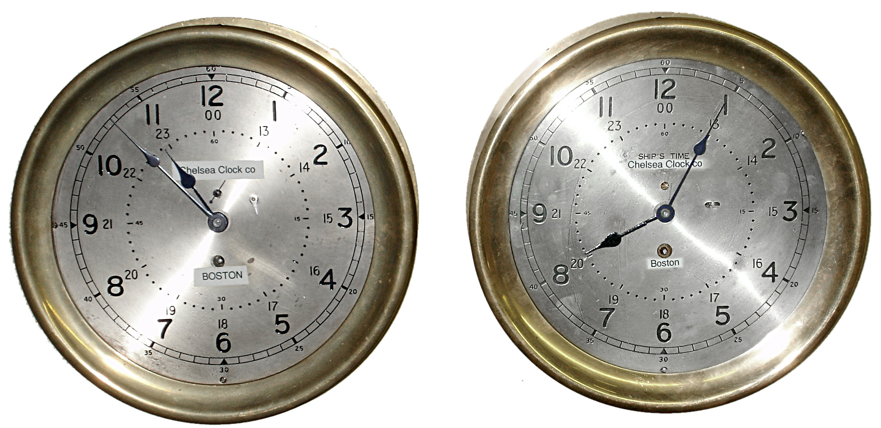 Clocks- 2 (Two) Chelsea 8 day brass 8" dial threaded bezel marine timepieces, 1943 and 1945 — Antique Clocks Price Guide