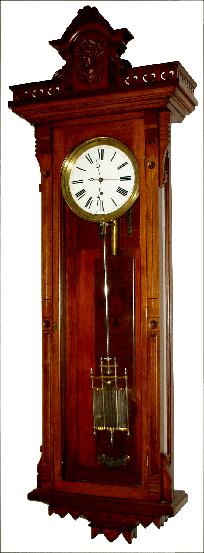 New Haven Clock Co., New Haven, Conn., "Regulator No. 2" wall clock, 8 day, time only, weight driven Swiss pinwheel deadbeat movement with sweep seconds and mercury pendulum in walnut case with burled walnut highlights and white enamel dial, c1886 — Antique Clocks Price Guide