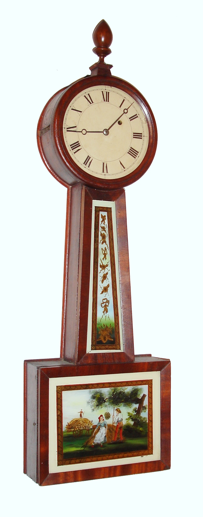 Massachusetts banjo wall clock, 8 day, time only, weight driven movement in a mahogany veneer case with painted throat and lower tablets and painted metal dial, c1840 — Antique Clocks Price Guide