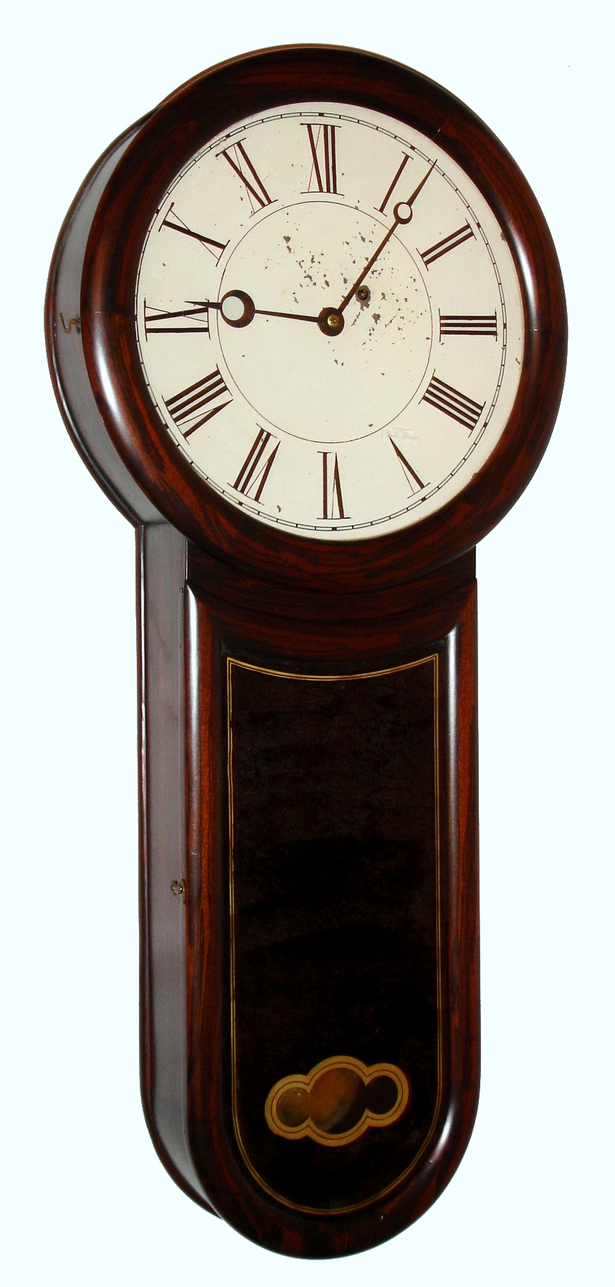 Hatch type, North Attleboro, Mass., "Keyhole Regulator" wall clock, 8 day, time only, weight driven wall clock in a rosewood grain painted case with reverse painted tablet and painted metal dial, c1870 — Antique Clocks Price Guide