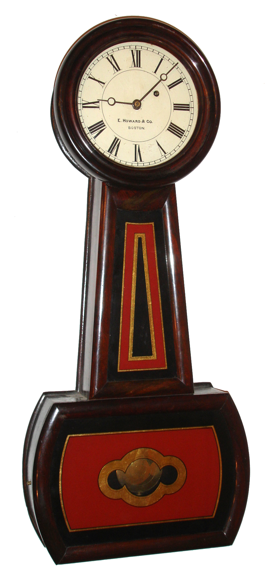 E. Howard and Co., Boston, Mass., "Regulator No. 4" wall clock, 8 day, time only, weight driven movement in a rosewood grain painted case stamped "53" with reverse painted throat and lower tablets and painted metal dial, c1885 — Antique Clocks Price Guide