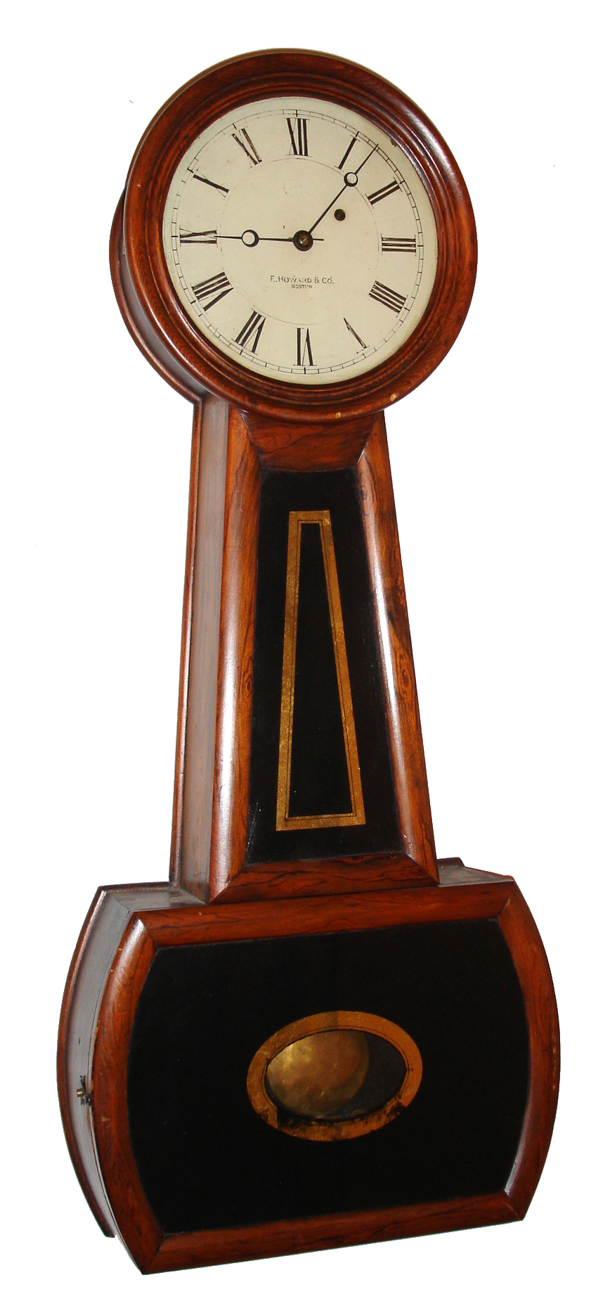 Massachusetts "Regulator No. 4 style" banjo wall clock, 8 day, time only, weight driven movement in a rosewood grain painted case with Howard and Davis type reverse painted throat and lower tablets and painted metal dial signed "E. HOWARD and CO. BOSTON", c1890 — Antique Clocks Price Guide