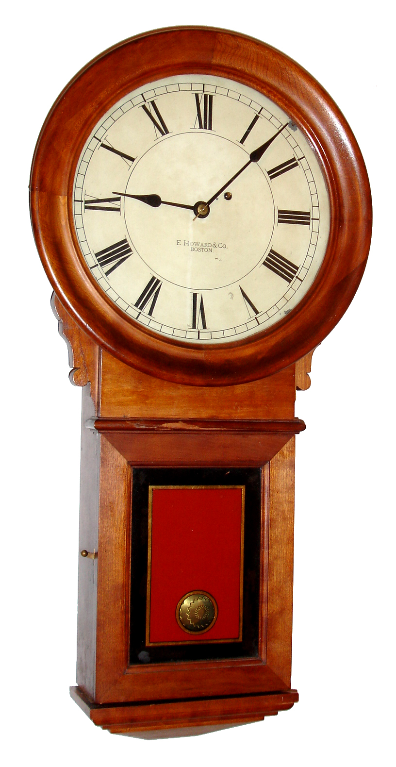 E. Howard and Co., Boston, Mass., "Regulator No. 70" wall clock, 8 day, time only, weight driven movement with damascene pendulum bob in a cherry case with painted metal dial, c1890 — Antique Clocks Price Guide