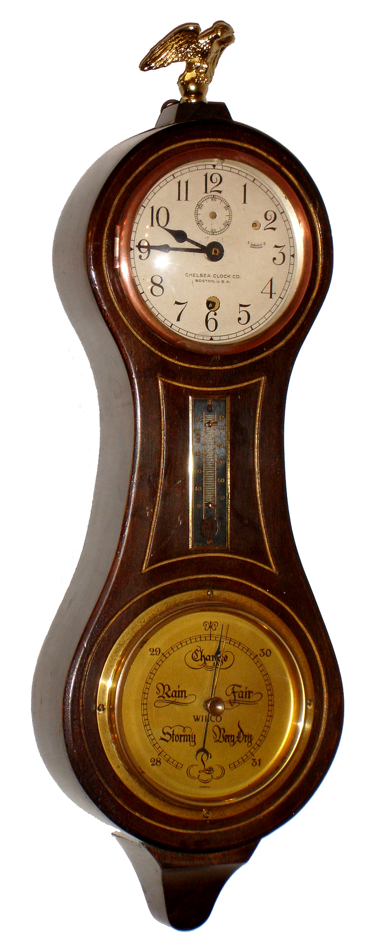 Chelsea Clock Co., Boston, Mass., 8 day hardwood weather station wall timepiece, 1943 — Antique Clocks Price Guide