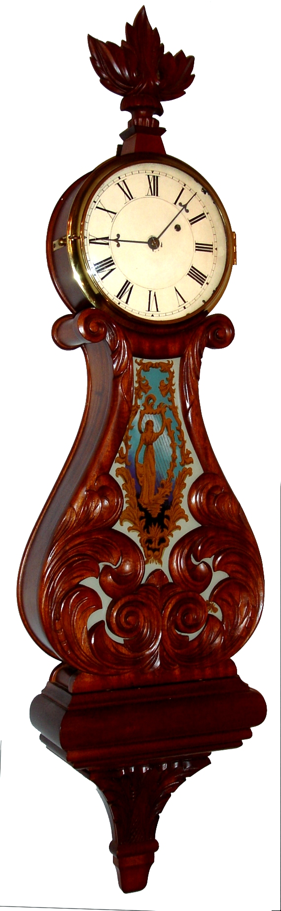 Elmer O. Stennes, Weymouth, Mass., "Lyre" wall clock, 8 day, time only, weight driven movement in a carved mahogany case with carved Prince of Wales finial, reverse painted tablet and a painted metal dial, s#8, dated 1971 — Antique Clocks Price Guide