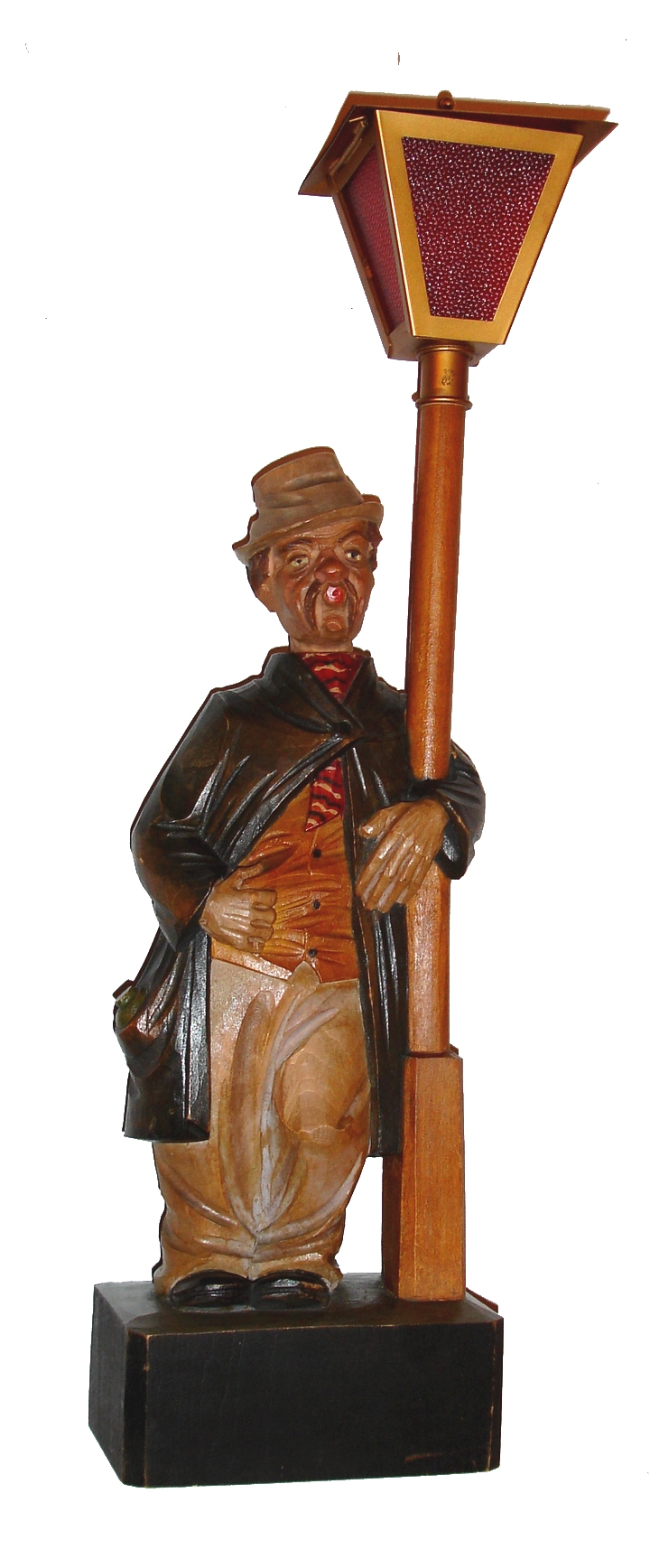 Karl Griesbaum, Germany, "Whistler", painted wood figure of hobo leaning on lamppost with bottle of spirits in pocket, spring driven movement and bellows playing "For He's a Jolly Good Fellow", c1925 — Antique Clocks Price Guide