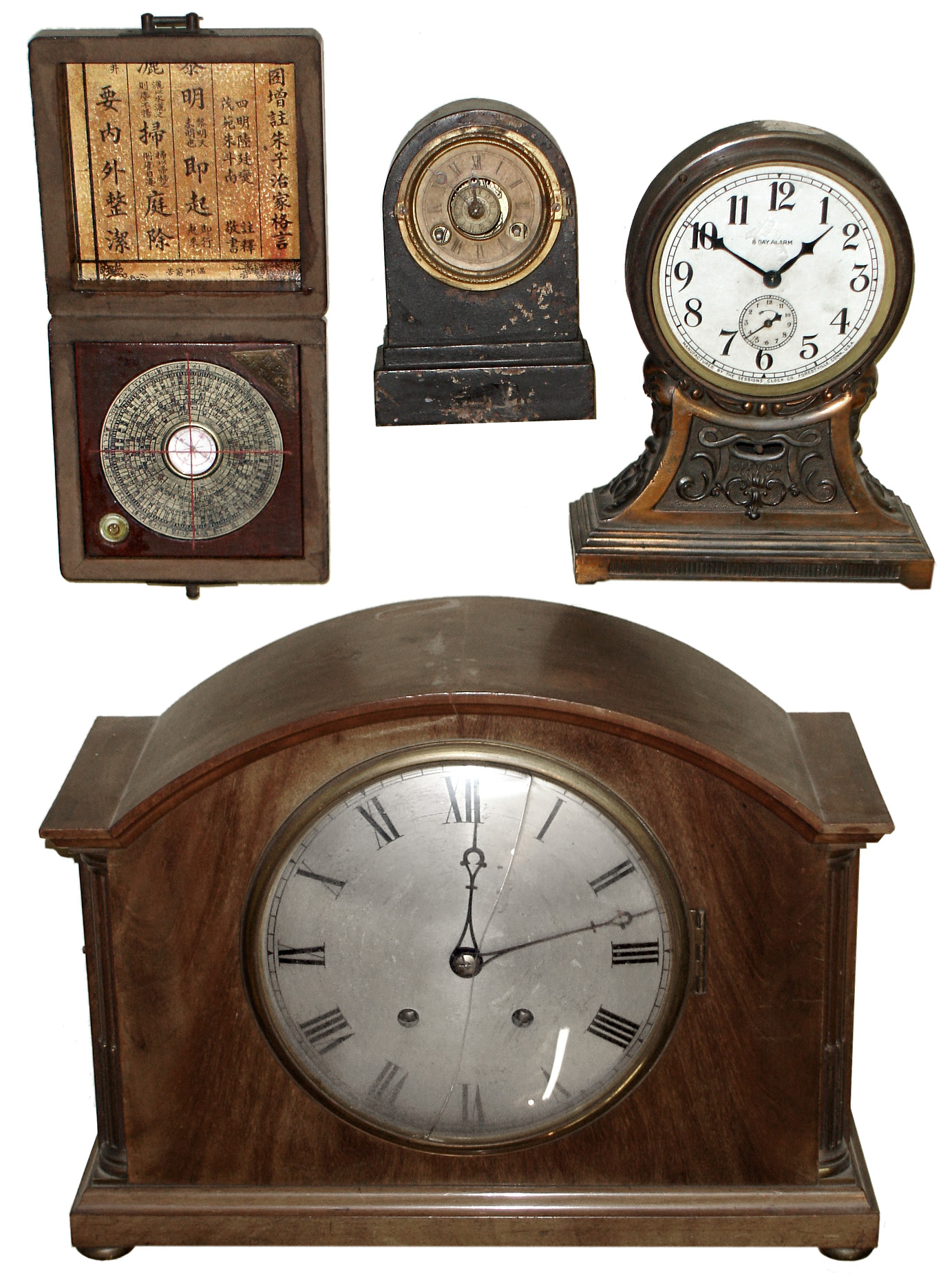Clocks- 3 (Three) mantel clocks plus an Asian reproduction boxed sundial, 19th and 20th centuries — Antique Clocks Price Guide