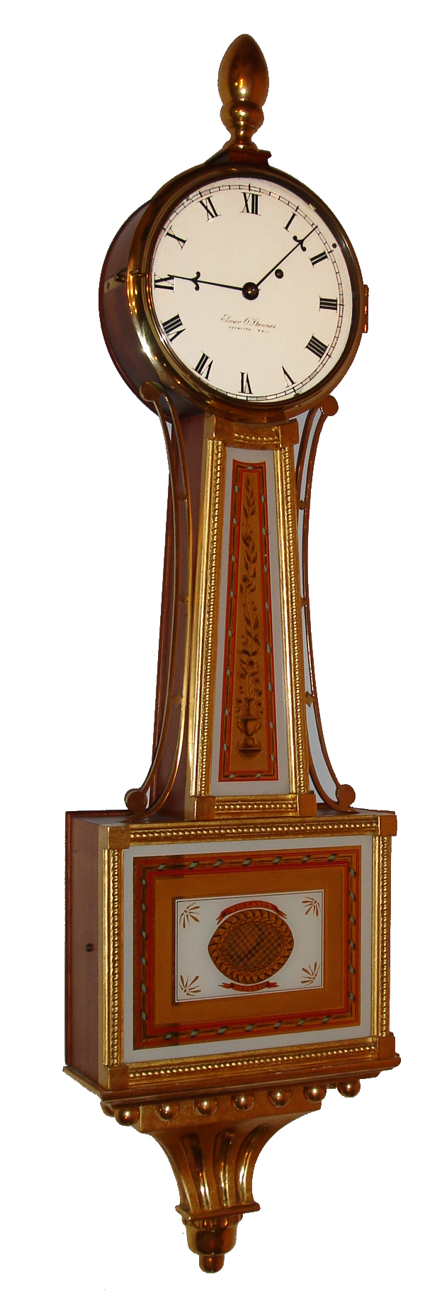 Elmer O. Stennes, Weymouth, Mass., "Presentation Banjo" wall clock, 8 day, time only, weight driven movement in a gold leafed mahogany case with rope banding around reverse painted throat and lower tablets, which is signed "WILLARD'S PATENT" and a painted metal dial signed "Elmer O. Stennes WEYMOUTH Mass.SS.", s#3, dated 1974 — Antique Clocks Price Guide