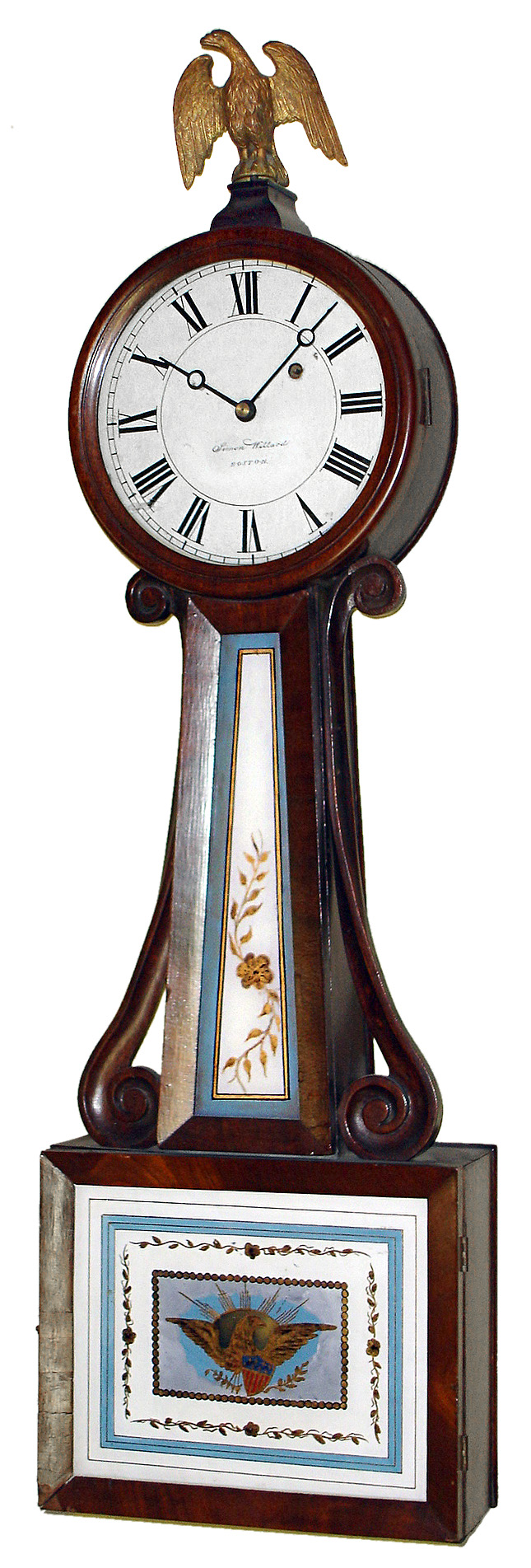 Banjo clock, Massachusetts, 8 day mahogany weight driven wall hanging timepiece with T bridge suspension, dial signed "Simon Willard, Boston", first half 19th Century.. — Antique Clocks Price Guide